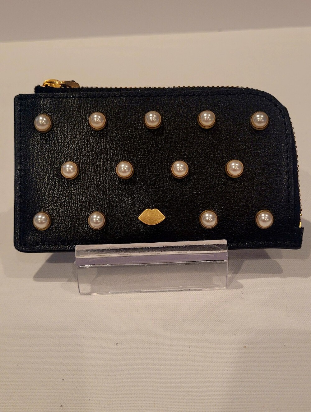 Lulu Guinness Black Pearls Leah Zip Card Holder
